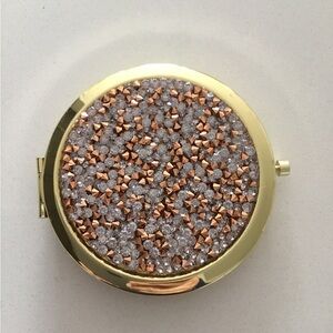 Gold Glitter Compact Mirror Adorned with Pink and White Crystals NEW